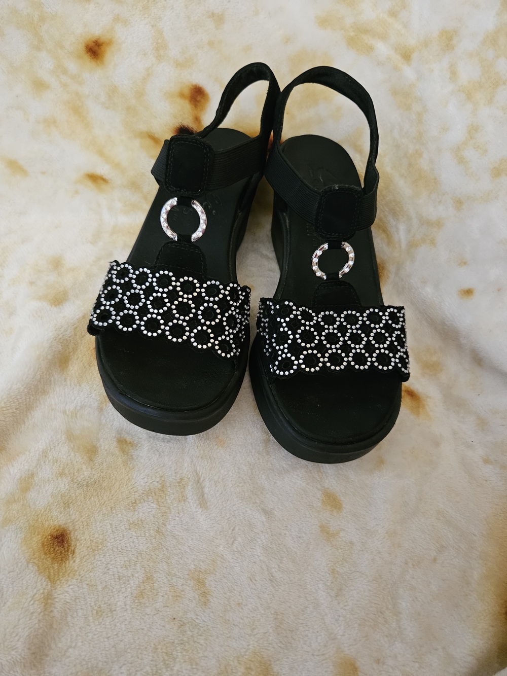 Skechers Black Wedge Sandals with Silver Stud Accent